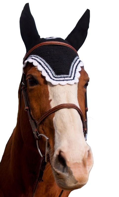 Equine Couture Fly Bonnet wSlv Lurex Cob Blk/Wht